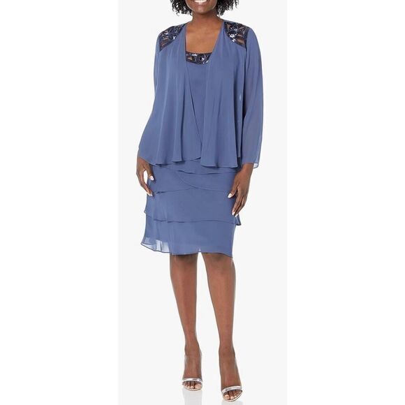 S.L. Fashions Mother of The Bride Jacket Dress with Sequined Cut Out Shoulder - Picture 1 of 11